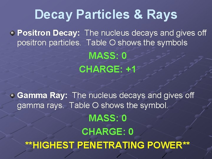 Decay Particles & Rays Positron Decay: The nucleus decays and gives off positron particles.