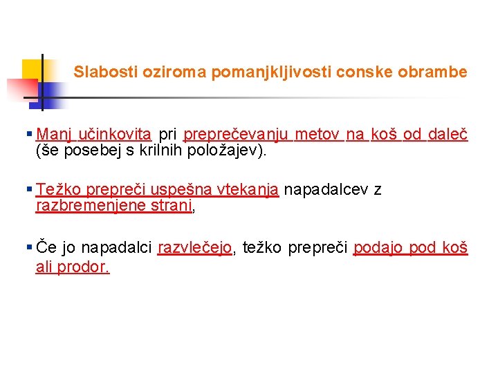 Slabosti oziroma pomanjkljivosti conske obrambe § Manj učinkovita pri preprečevanju metov na koš od