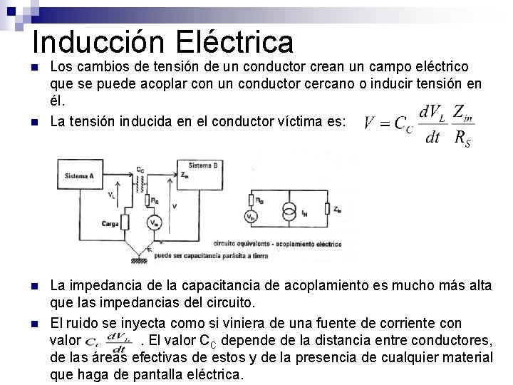 Inducción Eléctrica n n Los cambios de tensión de un conductor crean un campo