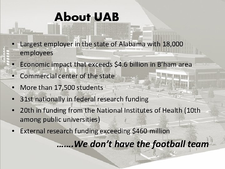 About UAB • Largest employer in the state of Alabama with 18, 000 employees