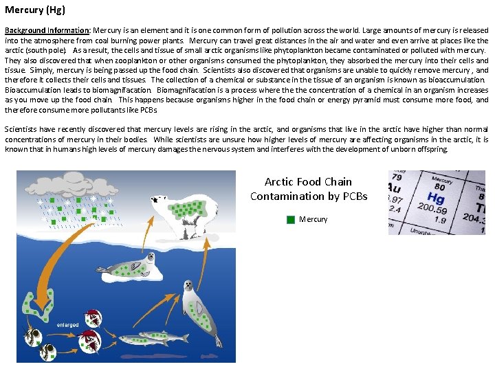 Mercury (Hg) Background Information: Mercury is an element and it is one common form