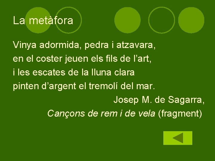 La metàfora Vinya adormida, pedra i atzavara, en el coster jeuen els fils de
