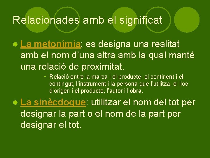 Relacionades amb el significat l La metonímia: es designa una realitat amb el nom