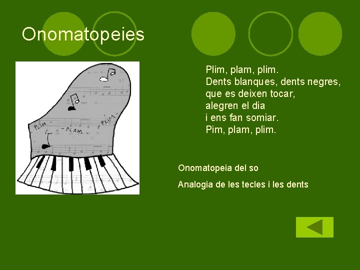 Onomatopeies Plim, plam, plim. Dents blanques, dents negres, que es deixen tocar, alegren el