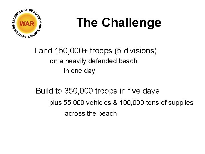 The Challenge Land 150, 000+ troops (5 divisions) on a heavily defended beach in