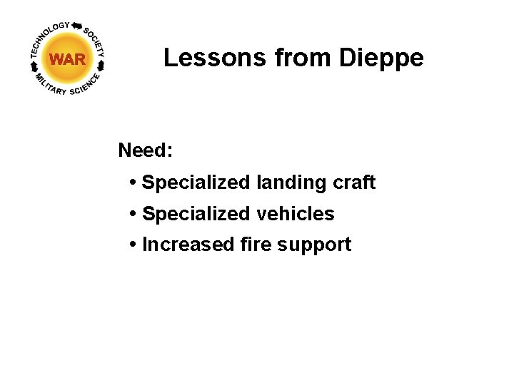 Lessons from Dieppe Need: • Specialized landing craft • Specialized vehicles • Increased fire