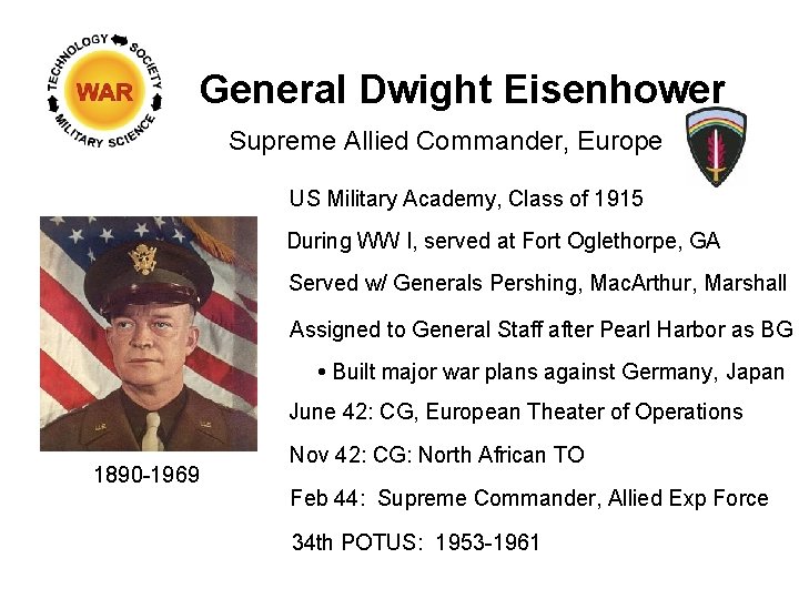 General Dwight Eisenhower Supreme Allied Commander, Europe US Military Academy, Class of 1915 During
