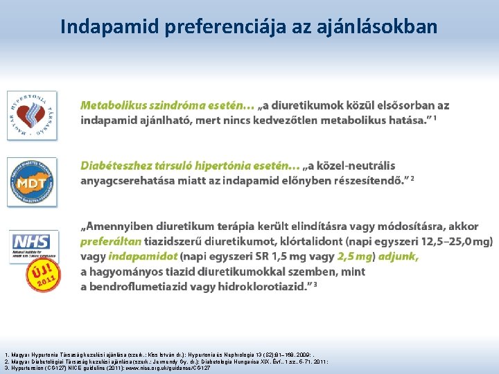 Indapamid preferenciája az ajánlásokban 1. Magyar Hypertonia Társaság kezelési ajánlása (szerk. : Kiss István