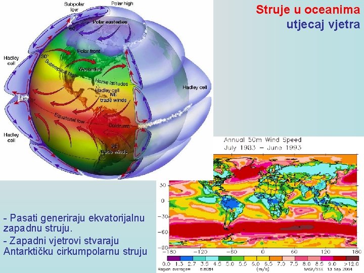 Struje u oceanima utjecaj vjetra - Pasati generiraju ekvatorijalnu zapadnu struju. - Zapadni vjetrovi