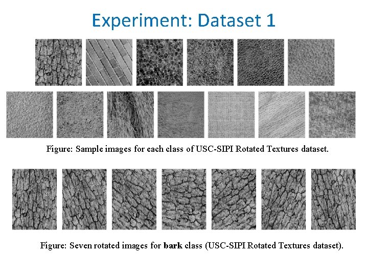 Experiment: Dataset 1 Figure: Sample images for each class of USC-SIPI Rotated Textures dataset.