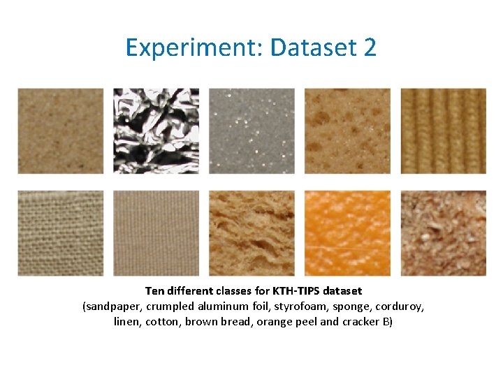 Experiment: Dataset 2 Ten different classes for KTH TIPS dataset (sandpaper, crumpled aluminum foil,