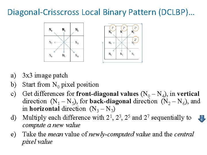 Diagonal-Crisscross Local Binary Pattern (DCLBP)… a) 3 x 3 image patch b) Start from