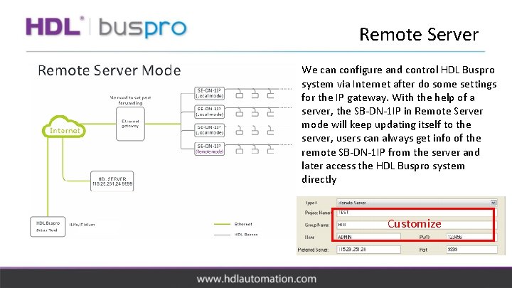 Remote Server We can configure and control HDL Buspro system via Internet after do