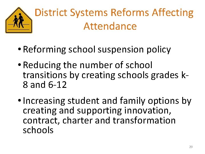 District Systems Reforms Affecting Attendance • Reforming school suspension policy • Reducing the number