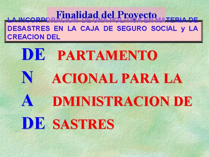 Finalidad del Proyecto LA INCORPORACION DE UNA POLITICA EN MATERIA DE DESASTRES EN LA