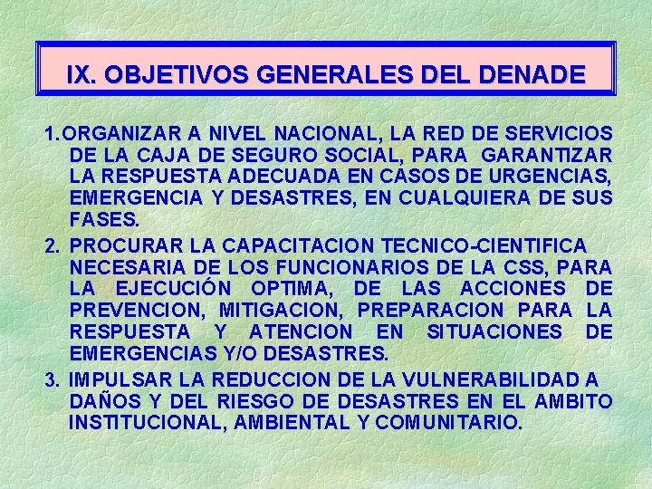 IX. OBJETIVOS GENERALES DEL DENADE 1. ORGANIZAR A NIVEL NACIONAL, LA RED DE SERVICIOS