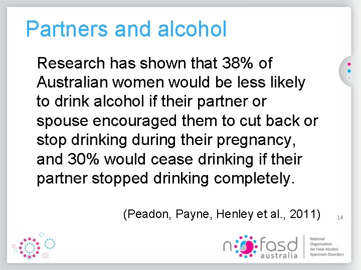 Partners and alcohol Research has shown that 38% of Australian women would be less