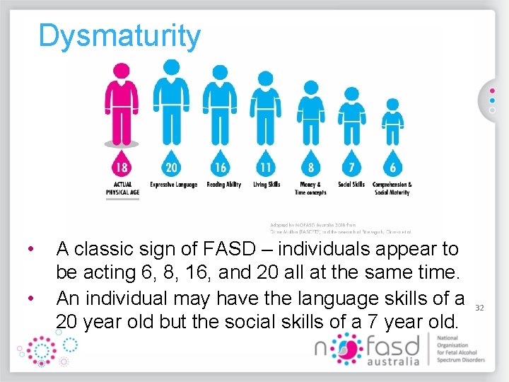 Dysmaturity • • A classic sign of FASD – individuals appear to be acting