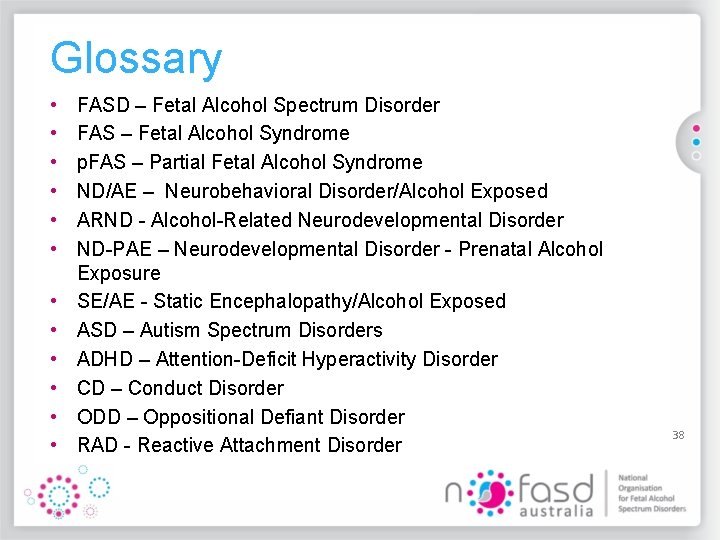 Glossary • • • FASD – Fetal Alcohol Spectrum Disorder FAS – Fetal Alcohol