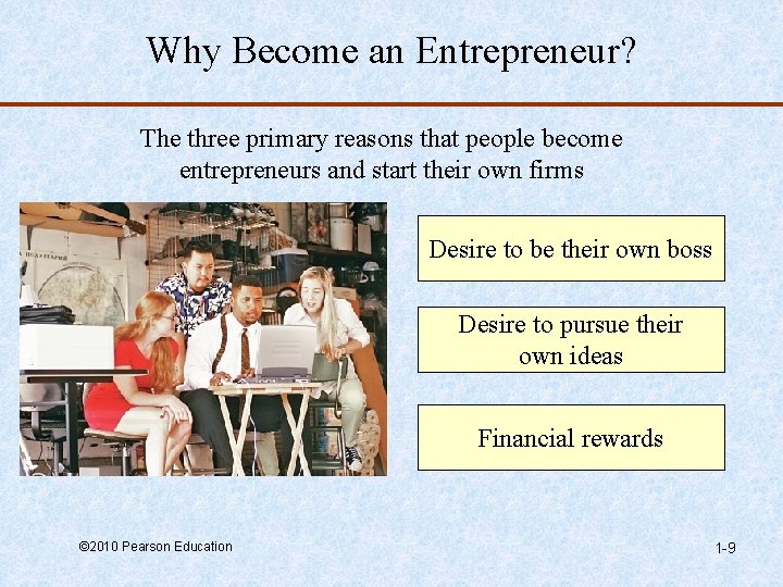 Why Become an Entrepreneur? The three primary reasons that people become entrepreneurs and start