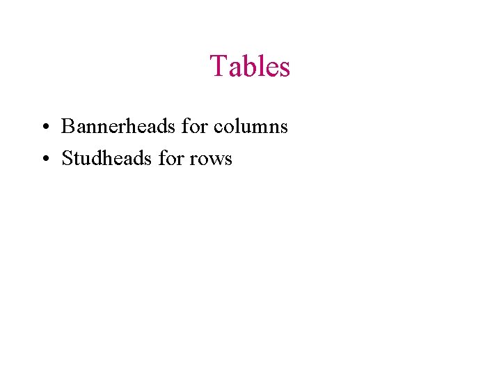 Tables • Bannerheads for columns • Studheads for rows 