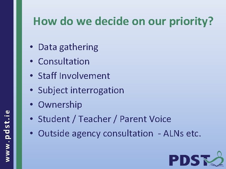 www. pdst. ie How do we decide on our priority? • • Data gathering