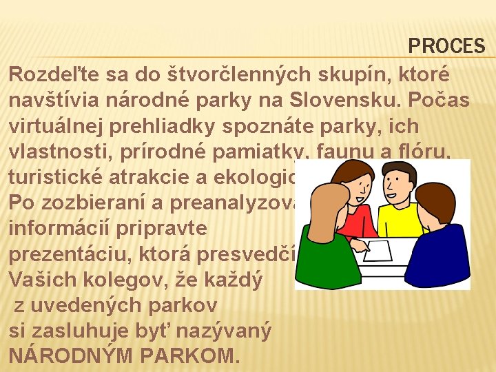 PROCES Rozdeľte sa do štvorčlenných skupín, ktoré navštívia národné parky na Slovensku. Počas virtuálnej