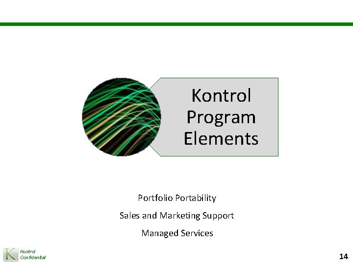 Kontrol Program Elements Portfolio Portability Sales and Marketing Support Managed Services Kontrol Confidential 14