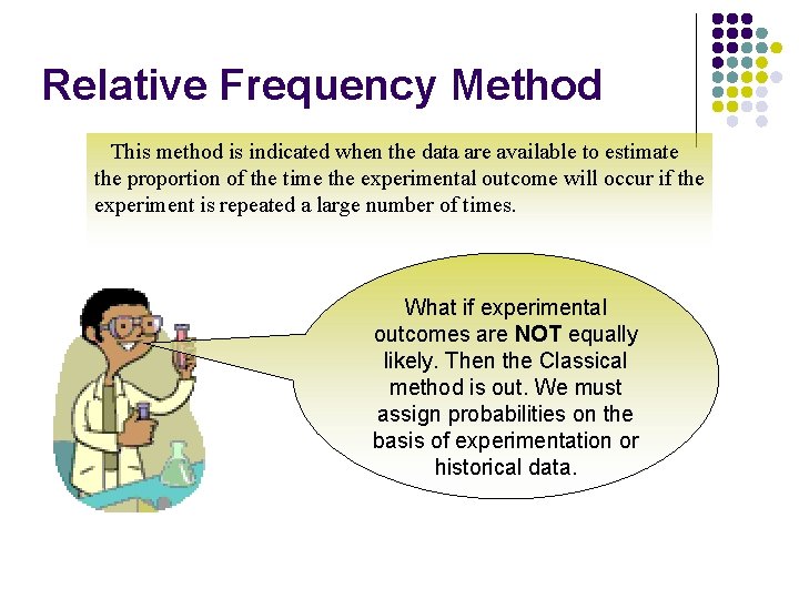 Relative Frequency Method This method is indicated when the data are available to estimate