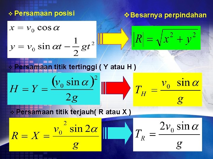 v Persamaan posisi v Persamaan titik tertinggi ( Y atau H ) v Persamaan