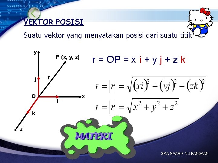 VEKTOR POSISI Suatu vektor yang menyatakan posisi dari suatu titik y j O P