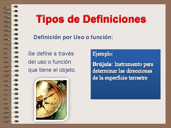 Tipos de Definiciones Definición por Uso o función: Se define a través del uso