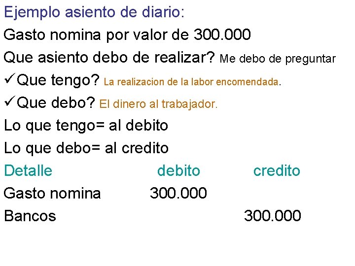 Ejemplo asiento de diario: Gasto nomina por valor de 300. 000 Que asiento debo