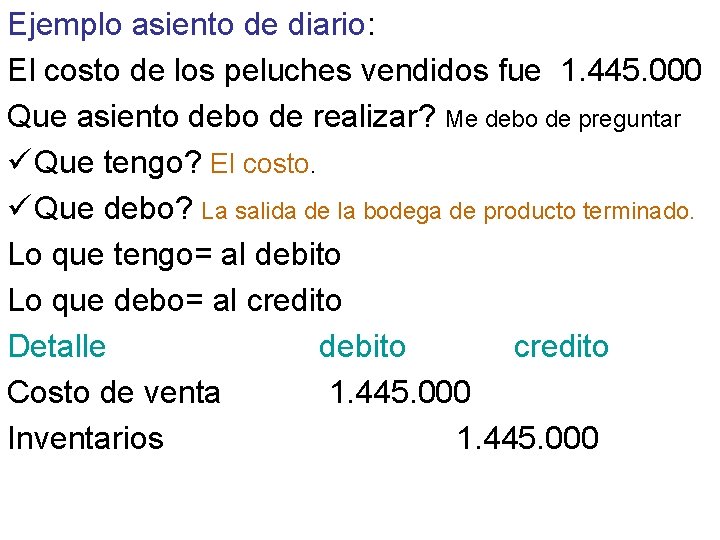 Ejemplo asiento de diario: El costo de los peluches vendidos fue 1. 445. 000