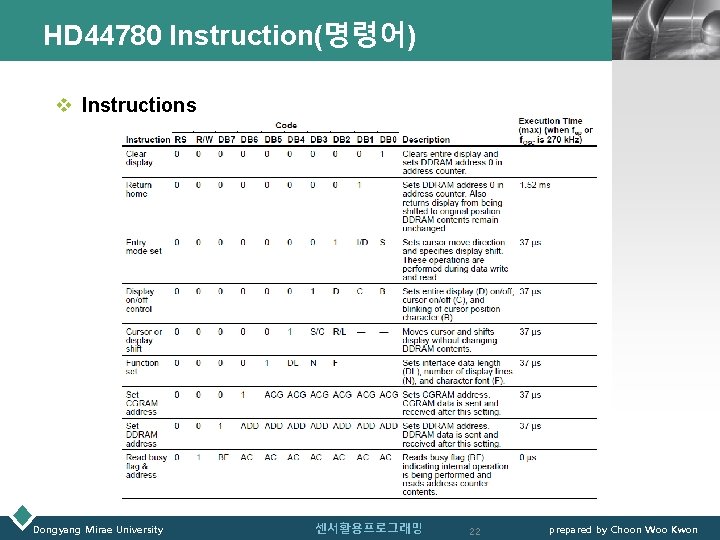 HD 44780 Instruction(명령어) LOGO v Instructions Dongyang Mirae University 센서활용프로그래밍 22 prepared by Choon