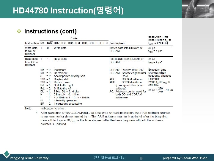 HD 44780 Instruction(명령어) LOGO v Instructions (cont) Dongyang Mirae University 센서활용프로그래밍 23 prepared by