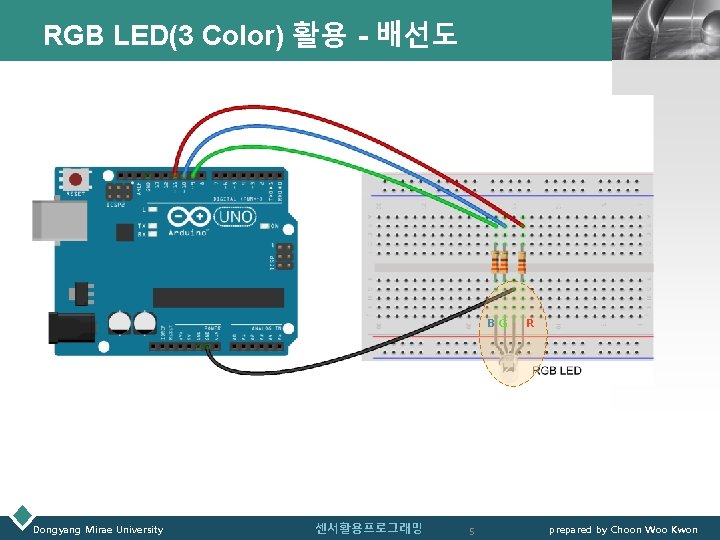 RGB LED(3 Color) 활용 - 배선도 LOGO B G Dongyang Mirae University 센서활용프로그래밍 5