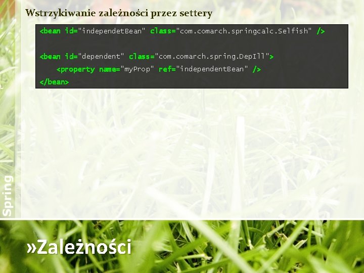 Wstrzykiwanie zależności przez settery <bean id="independet. Bean" class="com. comarch. springcalc. Selfish" /> <bean id="dependent"