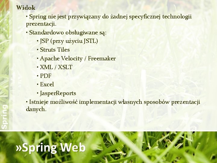 Widok • Spring nie jest przywiązany do żadnej specyficznej technologii prezentacji. • Standardowo obsługiwane