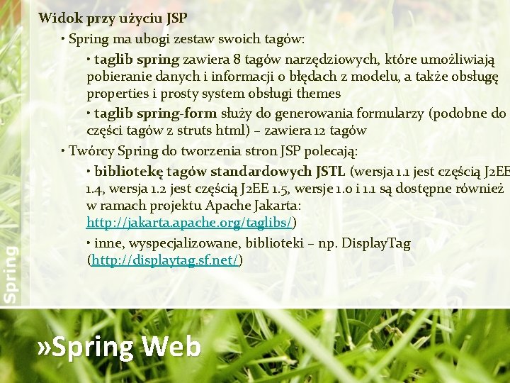 Widok przy użyciu JSP • Spring ma ubogi zestaw swoich tagów: • taglib spring