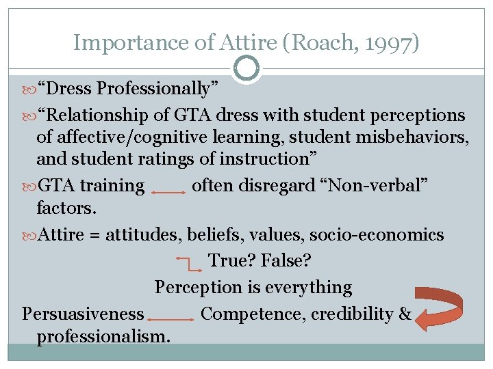 Importance of Attire (Roach, 1997) “Dress Professionally” “Relationship of GTA dress with student perceptions