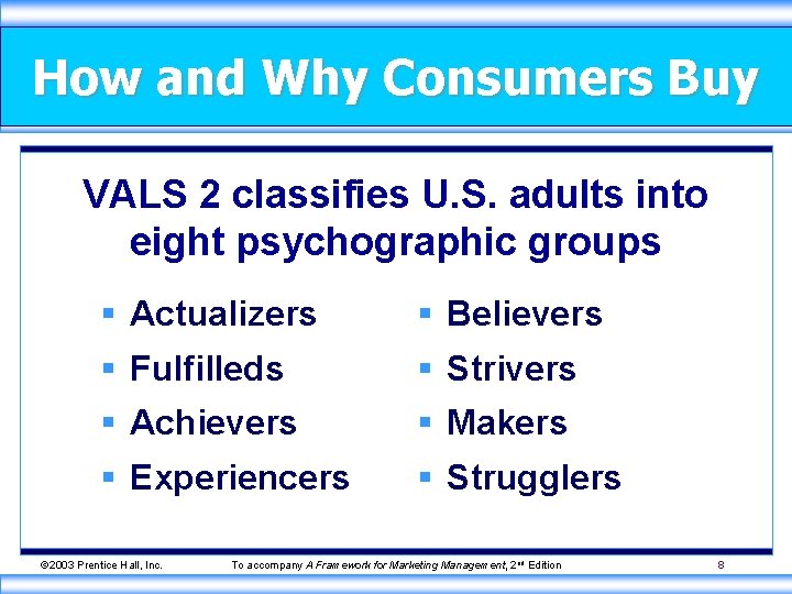 How and Why Consumers Buy VALS 2 classifies U. S. adults into eight psychographic