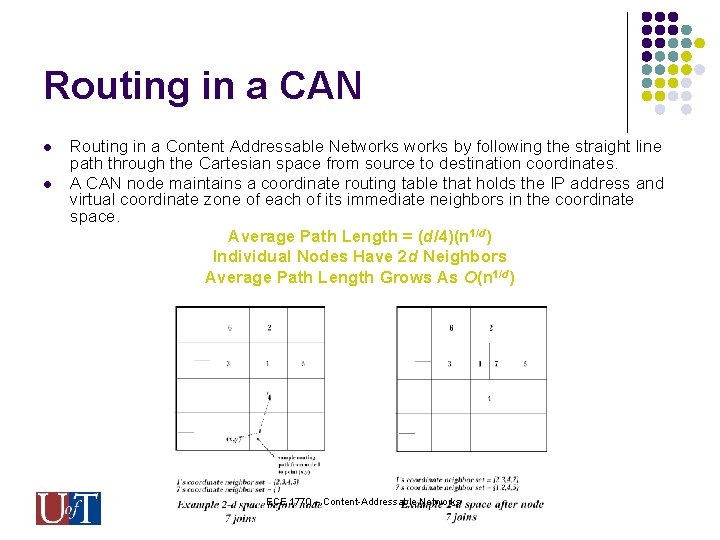 Routing in a CAN l l Routing in a Content Addressable Networks by following