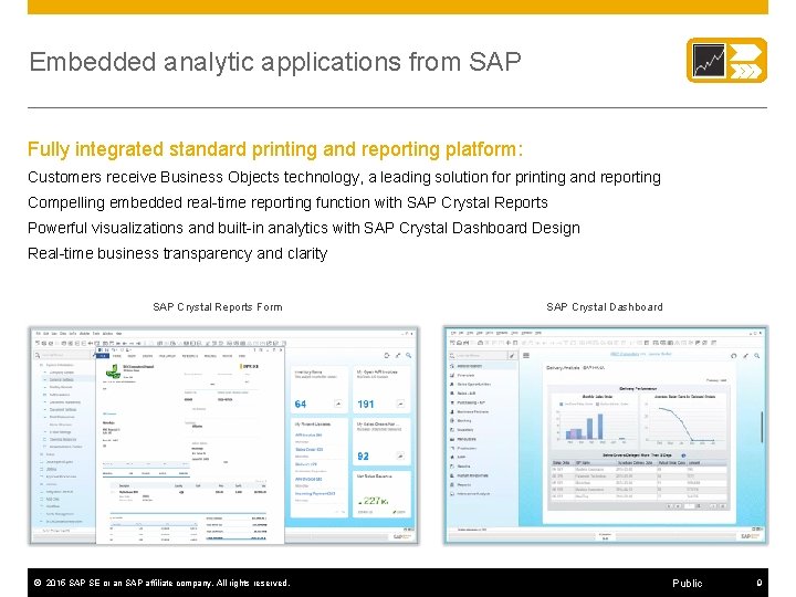 Embedded analytic applications from SAP Fully integrated standard printing and reporting platform: Customers receive