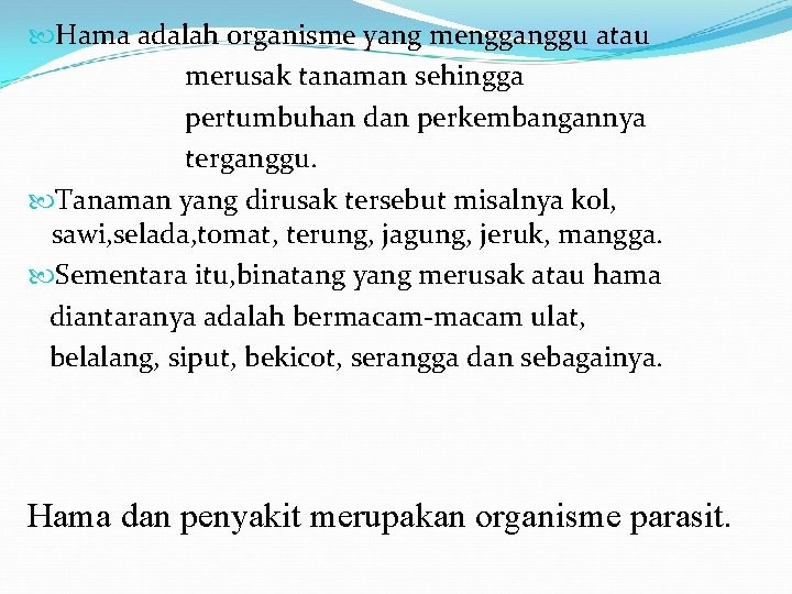  Hama adalah organisme yang mengganggu atau merusak tanaman sehingga pertumbuhan dan perkembangannya terganggu.