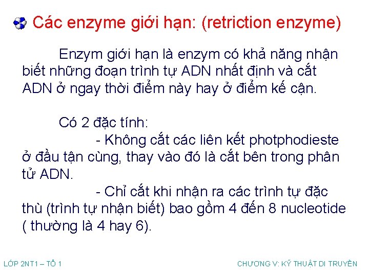 Các enzyme giới hạn: (retriction enzyme) Enzym giới hạn là enzym có khả năng