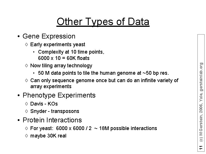 Other Types of Data à Early experiments yeast • Complexity at 10 time points,