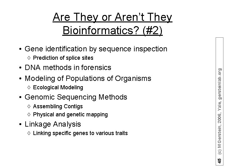 Are They or Aren’t They Bioinformatics? (#2) • Gene identification by sequence inspection •