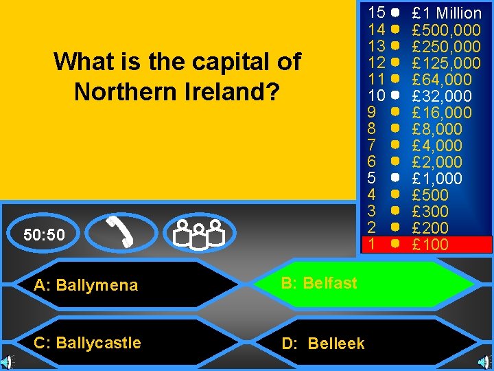 What is the capital of Northern Ireland? 50: 50 A: Ballymena B: Belfast C: