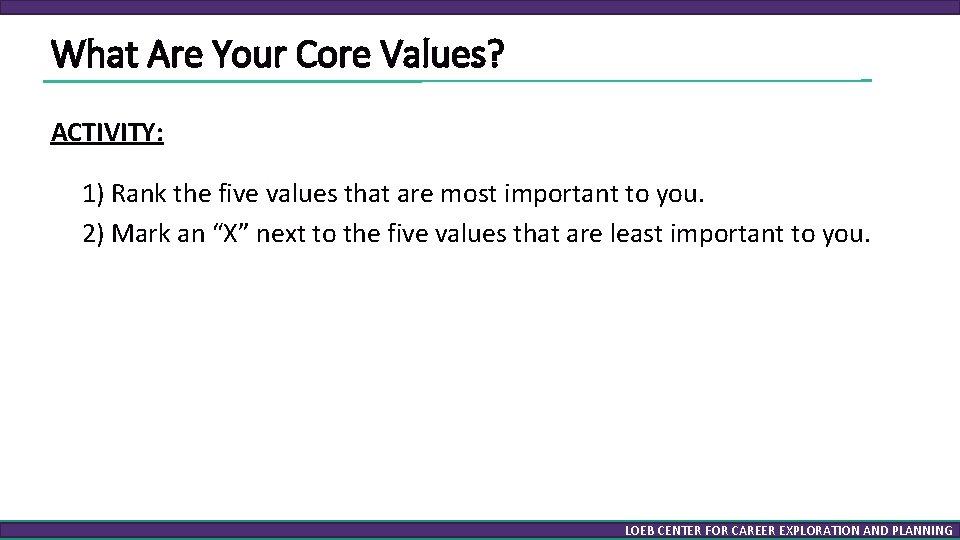 What Are Your Core Values? ACTIVITY: 1) Rank the five values that are most